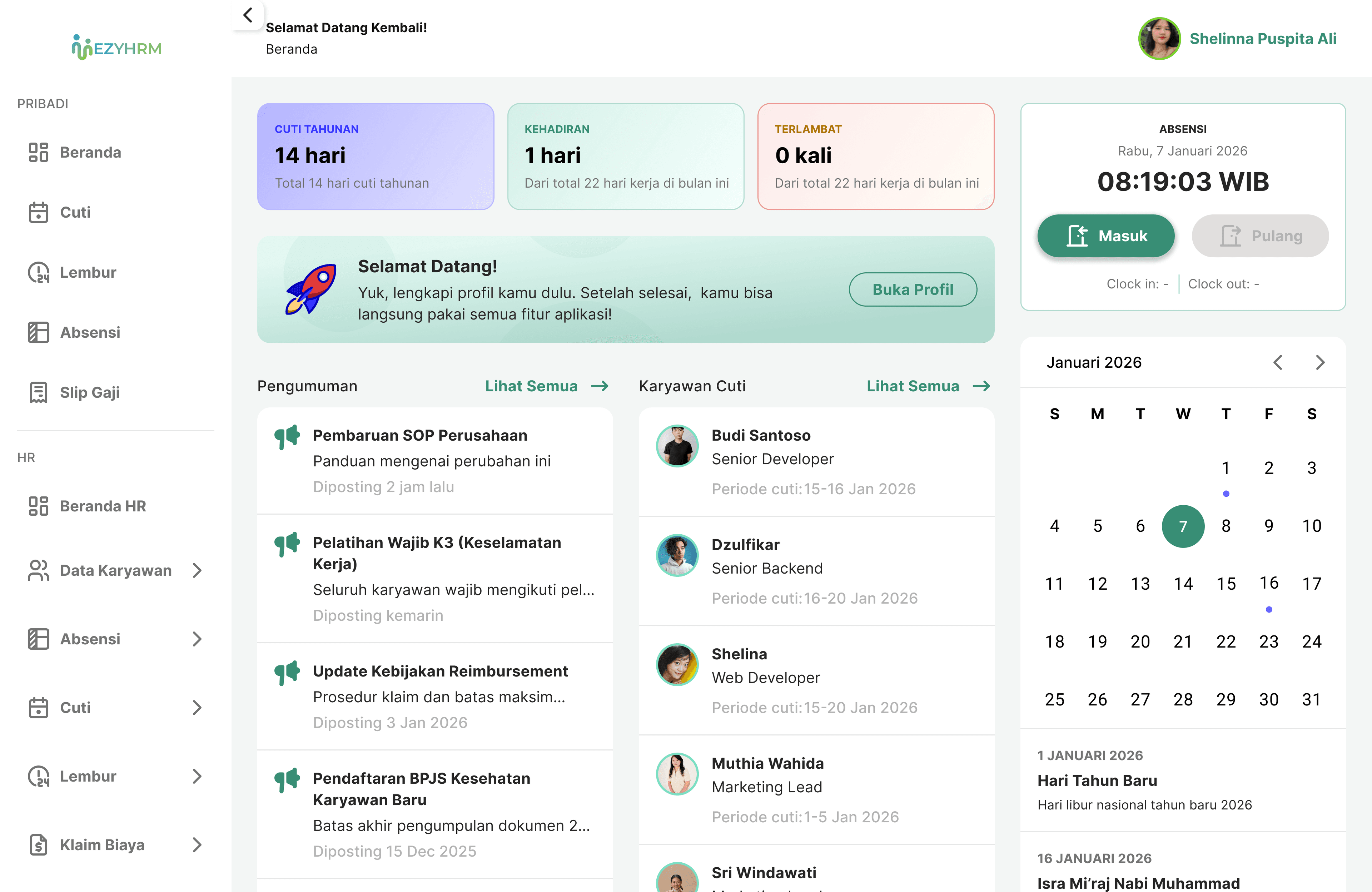 Cuplikan dashboard EzyHRM